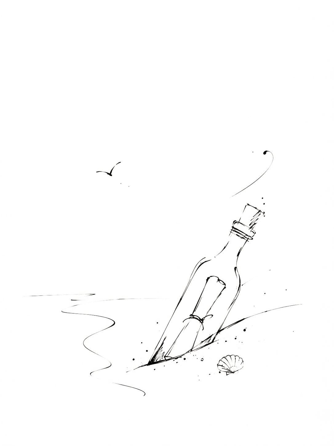 A pen-and-ink illustration of a message in a bottle washed up on the shore, palm fronds and a seagull above, seashells nearby.